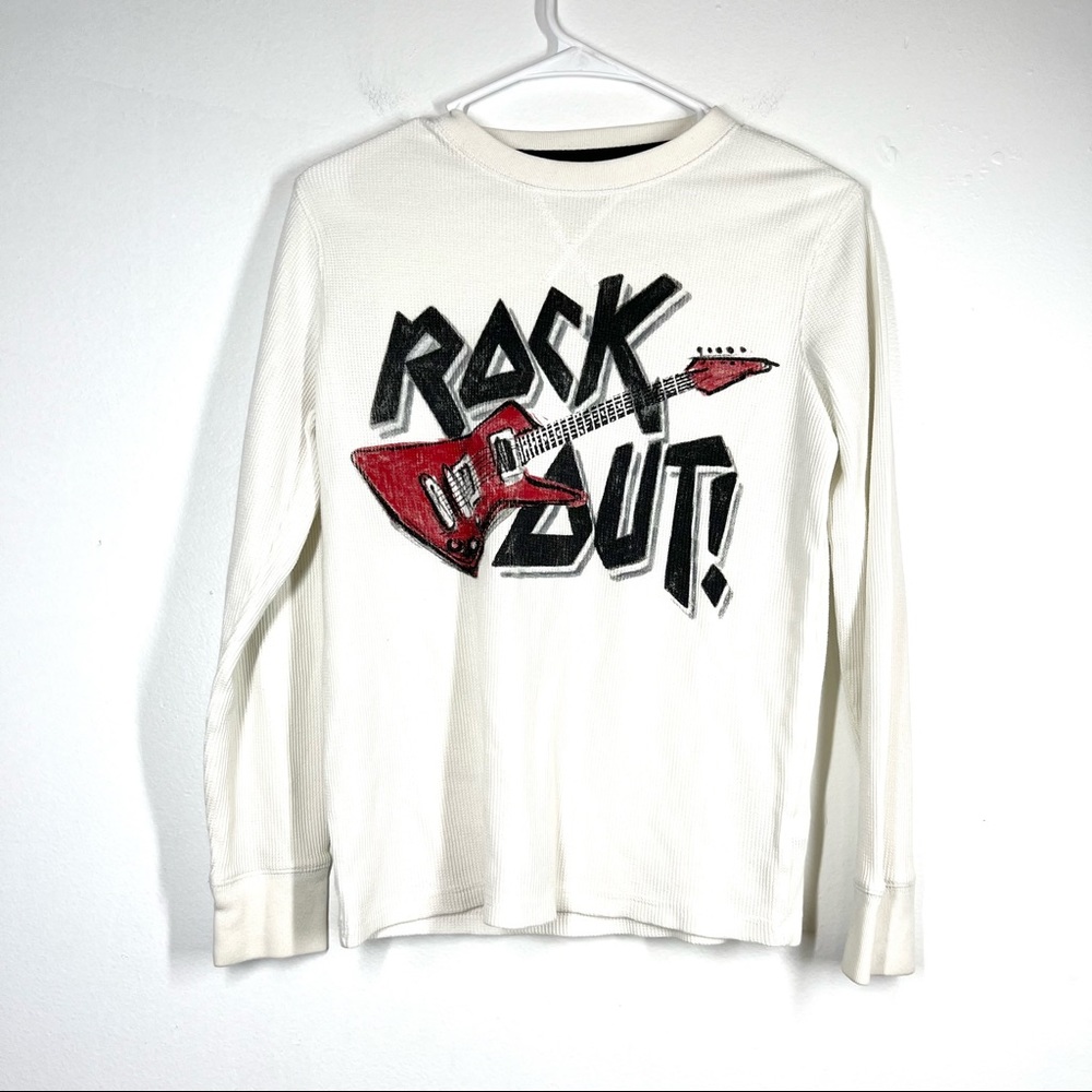 ROCK OUT Thermal Waffle Knit Long Sleeve Graphic Tee Large White